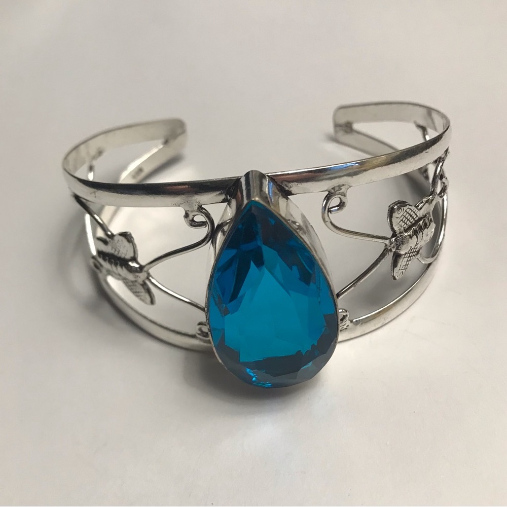 Blue Topaz Stamped Solid 925 Sterling Silver Cuff Bracelet